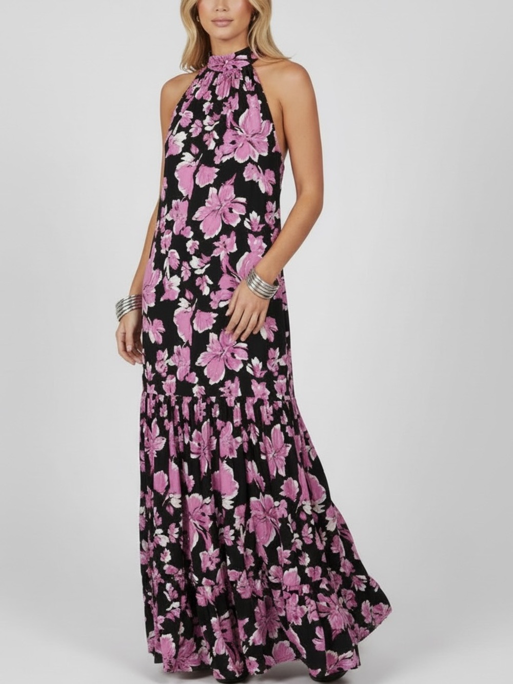 VINCE CAMUTO Black Floral Windswept Wonder Halter Maxi Dress Size Medium